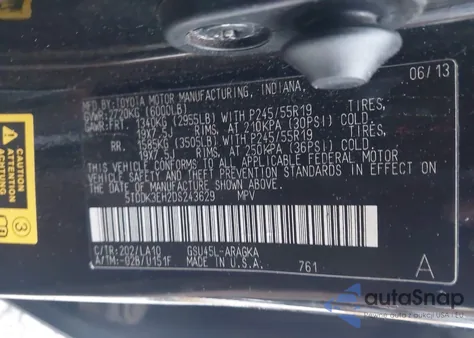 2013 Toyota Highlander Limited V6 z USA, uszkodzony, nr VIN 5TDDK3EH2DS243629